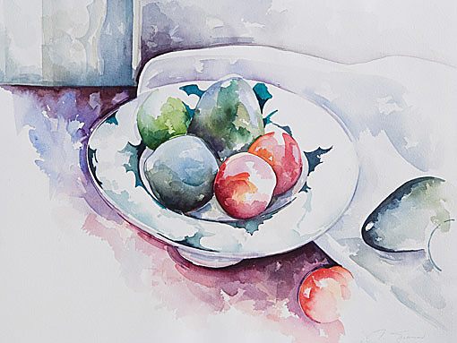 Avocadoes w. Limes, Red Plums in Shallow Bowl, III
