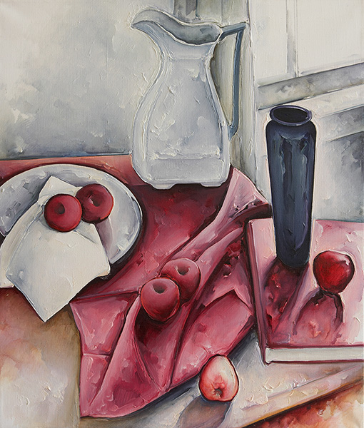 Still Life - Large White Pitcher with Red Cloth