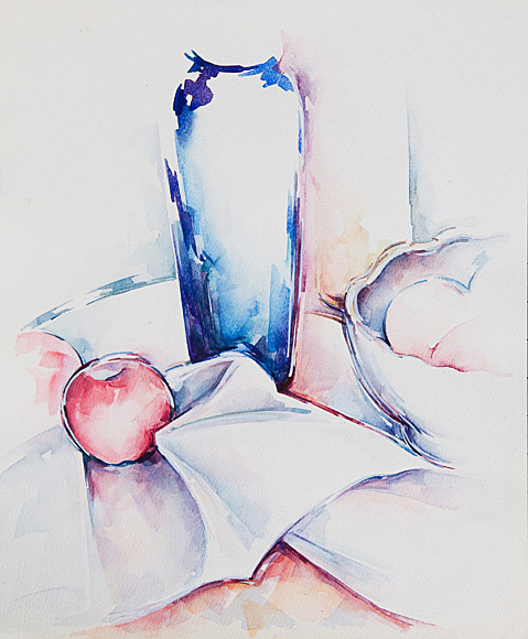 Tall Blue Vase, Apple on White Napkin